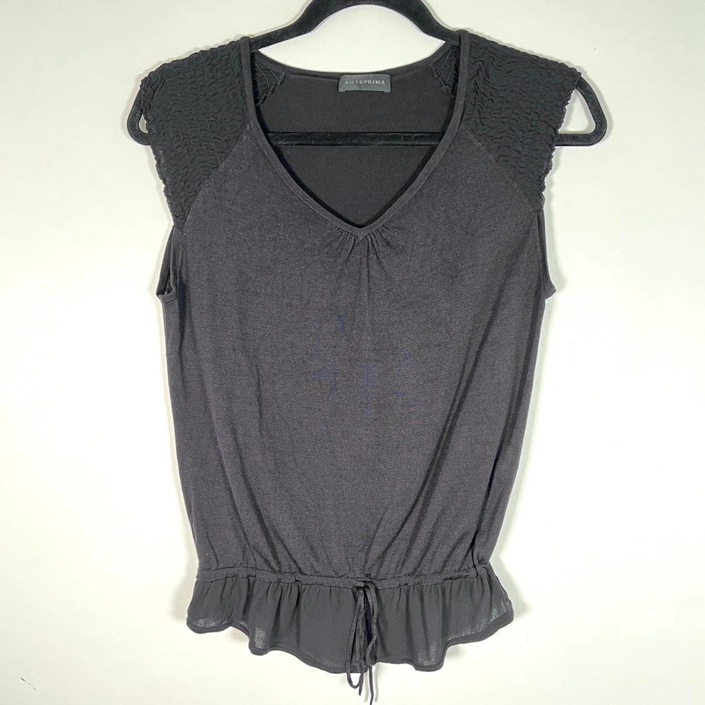 Anteprima Women's Spun Silk Chiffon V-neck Top Sz 40/M Black Smocked Cap Sleeve